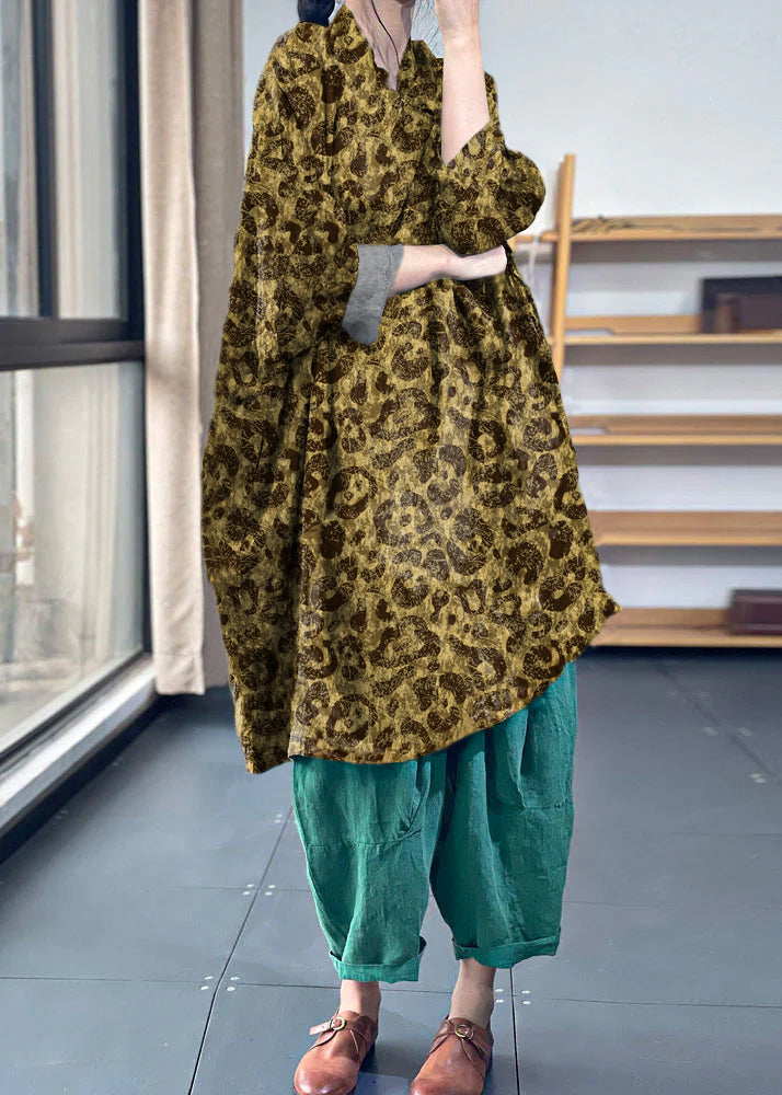 Vintage Yellow leopard print Oversized Print Cotton Dresses Batwing Sleeve