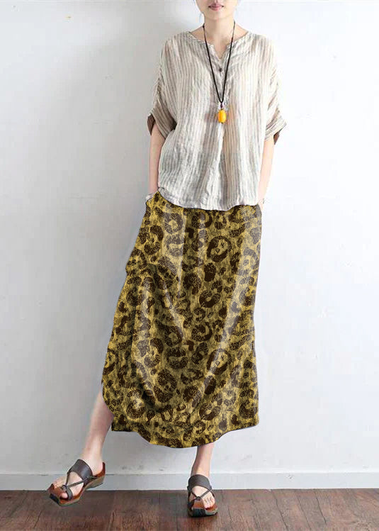 Yellow flower oversized linen skirts asymmetrical design elastic waist long skirt