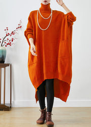 Orange Oversized Knit Sweater Dress Turtle Neck Asymmetrical Batwing Sleeve