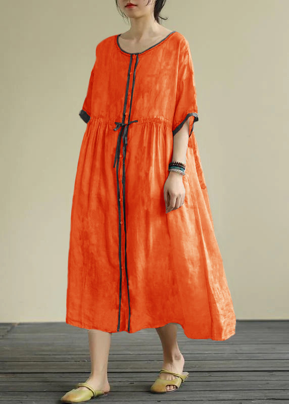 Diy Orange Cashew Chiffon Long Shirts O Neck Drawstring Robe Summer Dresses