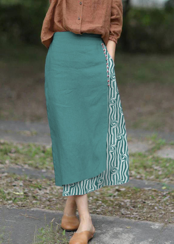 Boutique green stripes asymmetrical design elastic waist A Line Skirts Spring