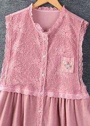 Grace Pink Ruffled Pockets Lace Patchwork Corduroy Dress Sleeveless