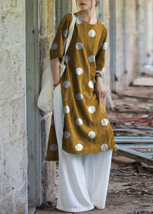 Boutique yellow polka dots O Neck Side Open Linen T Shirts Dresses Summer