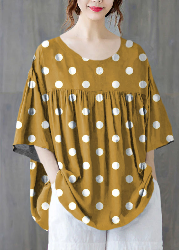 Plus Size Yellow polka dots O-Neck wrinkled Cotton Tank Tops Half Sleeve