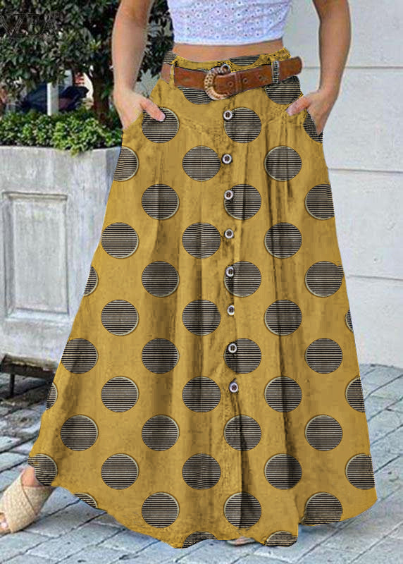 Women yellow polka dots Bottom Front Loose Casual Long Skirt With Pocket