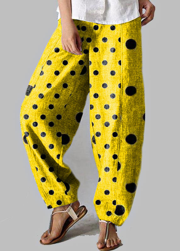 Stylish Yellow polka dots Pockets Cotton Harem Wide Leg Pants Summer