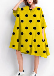 Women Yellow polka dots embroidery Cotton big hem shift summer Dresses