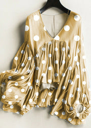 Chic yellow polka dots Wrinkled Chiffon Shirt And Spaghetti Strap Two Pieces Set Lantern Sleeve