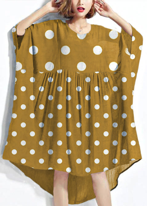 New Yellow polka dots Chiffon Dresses Plus Size Clothing Linen Maxi Dress Fine High Waist Batwing Sleeve Clothing