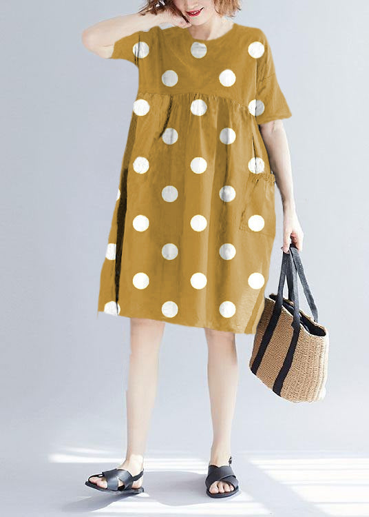 Women Yellow polka dots Cotton blended o neck pockets loose summer Dresses