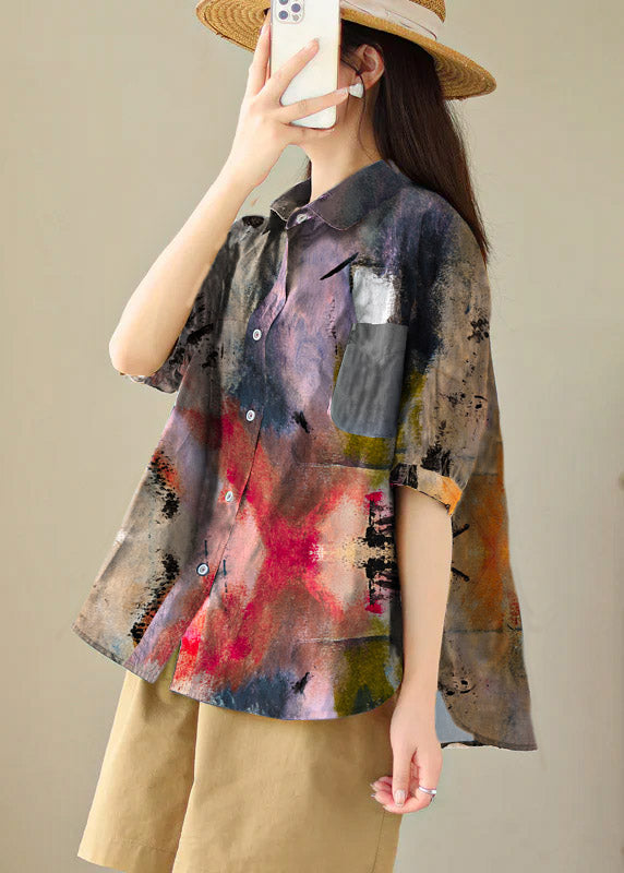 Plus Size Black abstract Peter Pan Collar Print Cotton Shirt Tops Summer