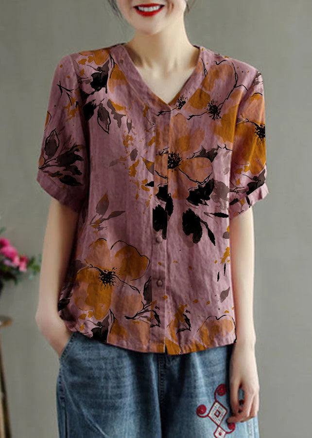 Loose Pink-ink flowers V Neck Embroideried Floral Summer Linen Shirt