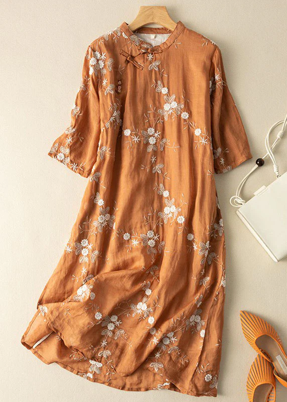 Grace Orange Embroidered Chinese Button Patchwork Linen Dress Summer