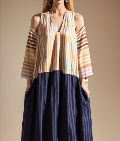 Colorblock Stripe Linen Loose Dress Summer