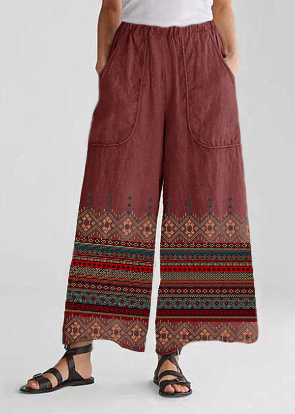 Cotton Linen Red geometry Loose Wide Leg Casual Pants