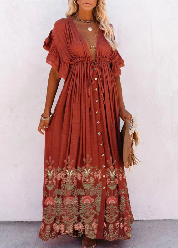 Red V Neck Button Maxi Dresses Short Sleeve