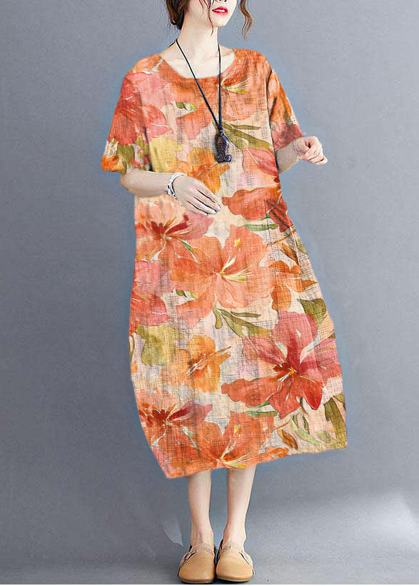 Stylish Orange flower O Neck Plaid Maxi Dresses Cotton Linen Summer