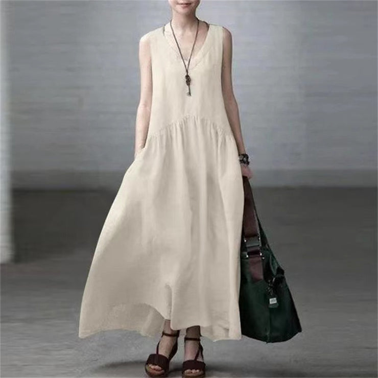 Dark green Simple and Loose V-neck Cotton and Linen Dress