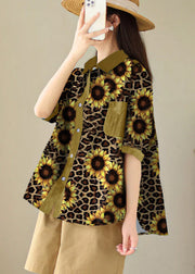 Plus Size Yellow sunflower Peter Pan Collar Print Cotton Shirt Tops Summer