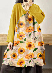 Vintage Yellow sunflower V Neck Embroidered Patchwork Linen Mid Dresses Fall