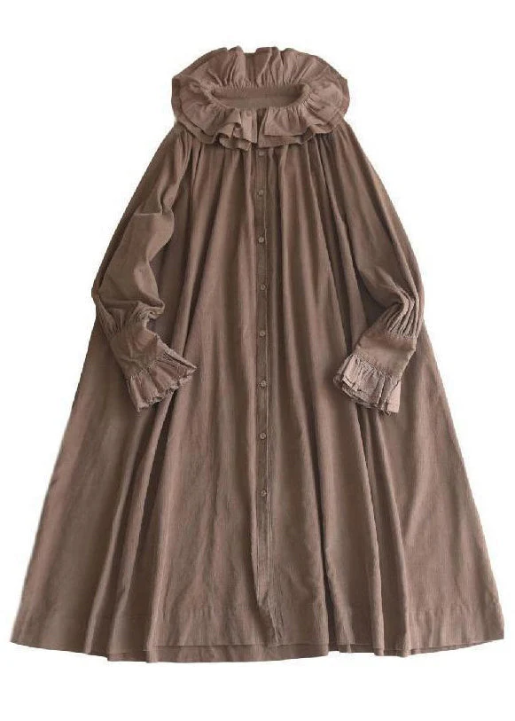 Grace Size Khaki Ruffled Button Corduroy Long Dresses Spring