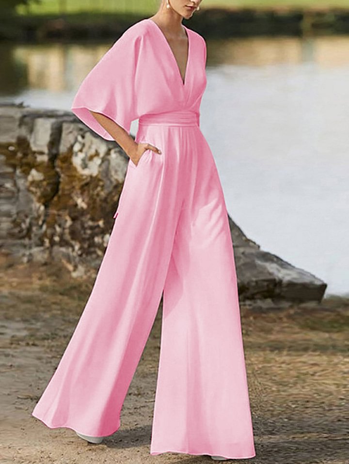 White flowers Elegant Deep V Neck Plain Half Sleeve High Waist Wide Leg Jumpsuit