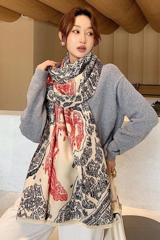 Women Spring Warm Thick Retro Mural Scarf