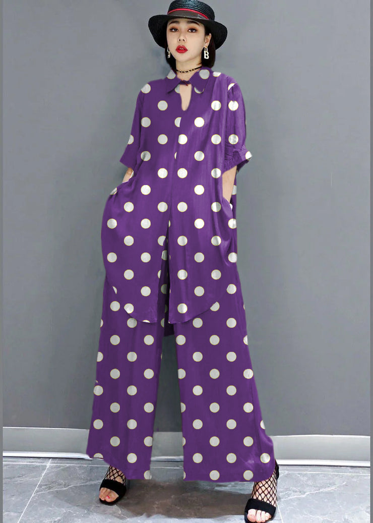 Boho Purple Peter Pan Collar shirt wide leg pants Satin Two Pieces Set Spring