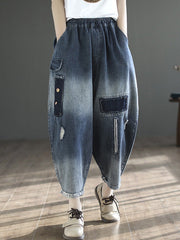 Vintage Hollow Elasticity Applique Denim Ninth Pants