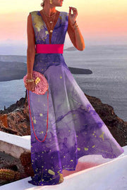 Fashion Simplicity Purple flowers Split Joint V Neck A Line Dresses