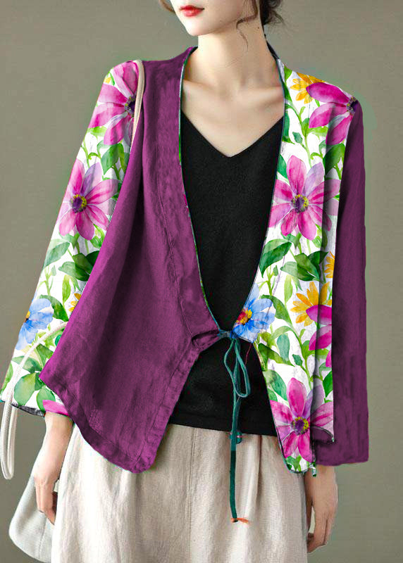 Women Purple flower Embroidered Long sleeve Linen Shirt