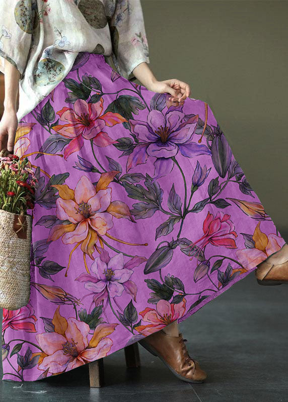 Women brown-tree Print Ramie Elastic Waist Skirt