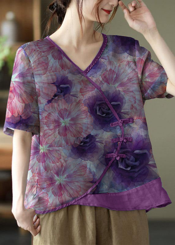 Simple Dark Blue Print Ramie Oriental Summer Tops