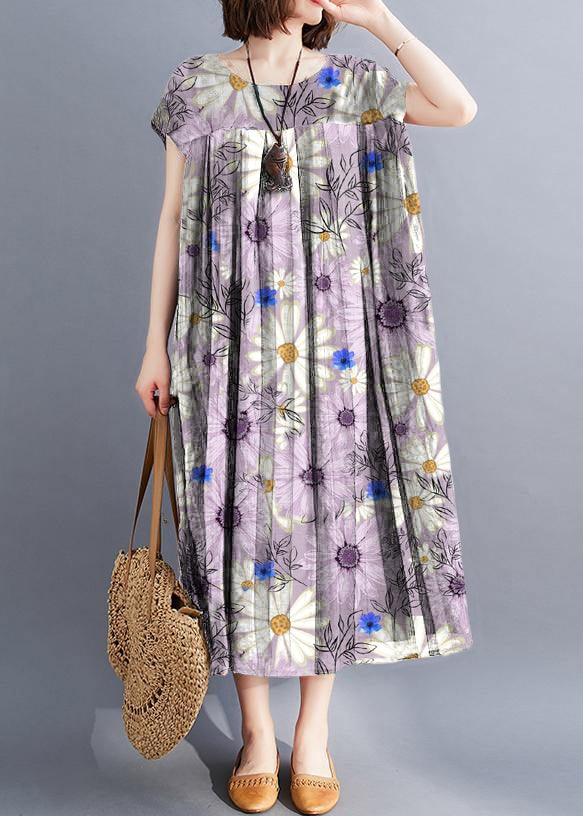 Unique purple flowers clothes o neck large hem Love summer Dresses