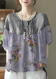 Plus Size Khaki feathers Grey Button Linen Tops Half Sleeve