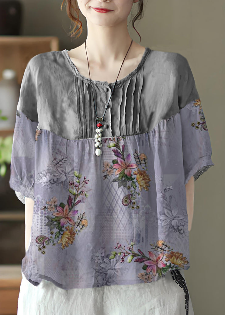 Plus Size Purple flowers Grey Button Linen Tops Half Sleeve