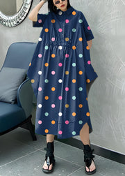 DIY Blue dots cotton clothes Women lapel asymmetric Kaftan Dress