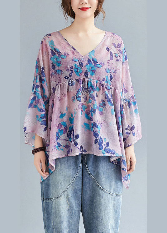 diy Purple Cute Print Loose Patchwork asymmetrical design Fall Blouses Half Sleeve