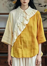 diy Yellow Ruffled Patchwork Linen Blouse Top Half Sleeve