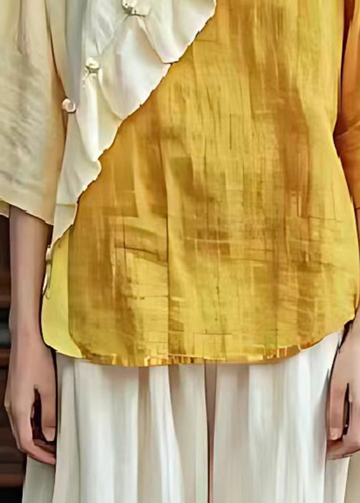 diy Yellow Ruffled Patchwork Linen Blouse Top Half Sleeve