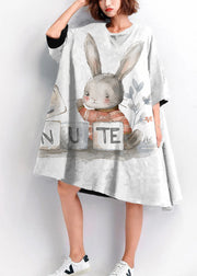 Women White rabbit embroidery Cotton big hem shift summer Dresses