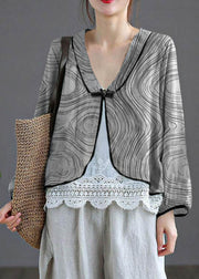 Grey texture V Neck Embroideried Summer Ramie Cardigan Long Sleeve