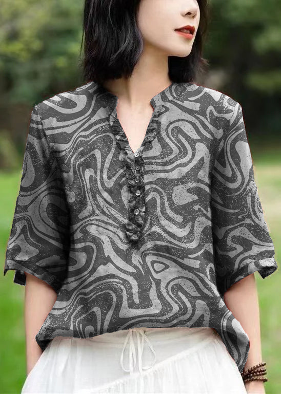 Unique Brown floral V Neck Embroidered  Linen T Shirts Half Sleeve