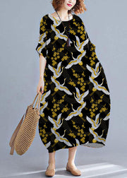 Plus Size Black crane O-Neck Striped Summer Cotton Maxi Dresses
