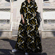 Women Black Dragon Print Lapel Bohemian Loose Long Sleeve Maxi Shirt Dress With Pocket