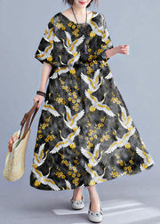 Bohemian Black Crane Long dress half sleeve Cinched Maxi summer Dresses