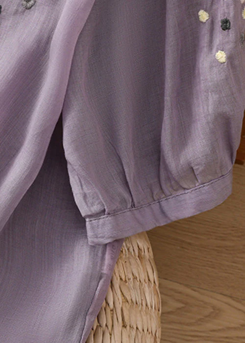 Grace Purple O Neck Embroideried Side Open Linen Blouse Spring