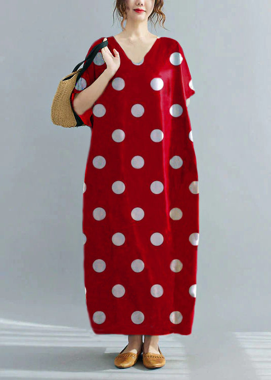 Loose Red polka dots V Neck Oversized Leaf Print Chiffon Long Dress Short Sleeve