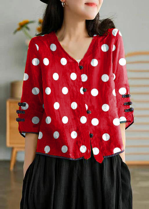 Women Red polka dots Casual Ramie Cardigan Embroidered Shirt