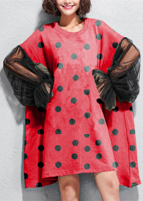 New lace patchwork Midi-length cotton dress plus size clothing traveling dress Elegant short sleeve Red polka dots cotton dress